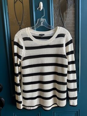 Talbots Black and Cream Striped Open-Knit Crew Sweater